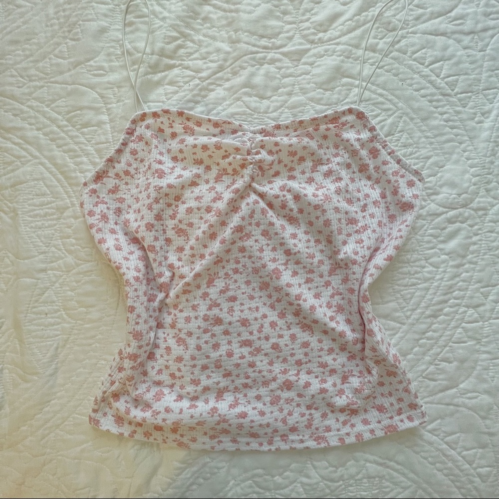White and pink floral sweetheart neckline tank top